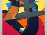 an abstract painting of a man with a hat on his head