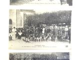three black and white photos of horses and people in a town