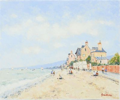 aquarelle représentant une scène de plage avec des personnes marchant sur le sable