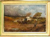 une peinture à l'huile représentant une calèche tirée par des chevaux sur un chemin de terre