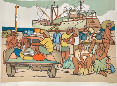 tableau représentant un groupe de personnes debout autour d'un bateau à l'eau