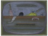painting of an airplane with a man in the cockpit and a woman in the passenger seat