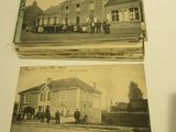 two old black and white photos of people standing in front of a building