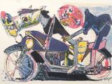 un dessin représentant un homme à moto avec un chien à l'arrière