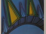 an image of a painting of a blue sky with green and yellow triangles