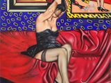 painting of a woman sitting on a couch in front of a mirror