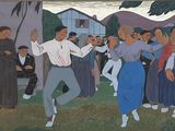 painting of a group of people dancing in front of a building