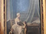 tableau représentant une femme assise sur un canapé, un chien sur les genoux