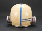 an old helmet with a blue stripe on the side of it