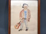 painting of a man with a guitar in a wooden frame