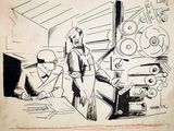 drawing of a man standing in front of a machine and another man standing next to him