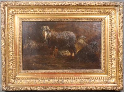 an oil painting of a sheep standing in a field with other sheep