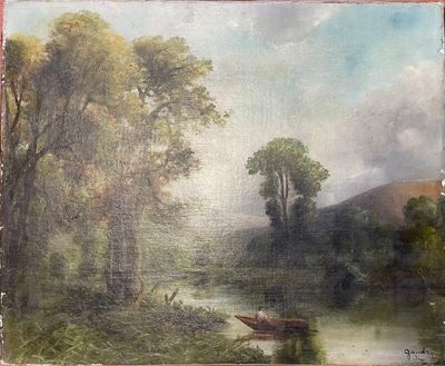 an oil painting of a river scene with a boat in the foreground
