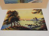two paintings of a lighthouse on the shore of a body of water