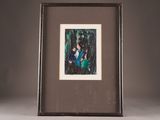 painting of a woman in a blue dress in a dark wood frame