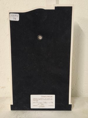 a black and white picture of a plaque on a table