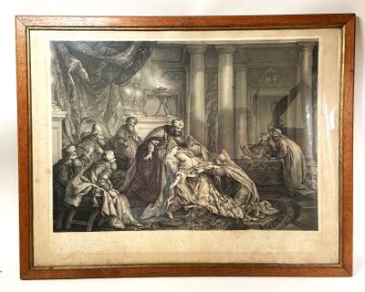 an old picture of a painting of a group of people in a room