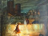 une image représentant un tableau où l'on voit une femme faisant voler un cerf-volant au-dessus d'une ville