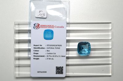 une photo d'un morceau de topazte bleu sur lequel est apposée une étiquette de prix