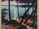 une peinture représentant une affiche d'une plage avec des arbres et de l'eau