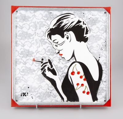 un tableau représentant une femme en train de fumer une cigarette sur un fond blanc et rouge