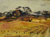 an image of a painting of a landscape with mountains in the background