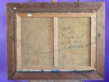 an old wooden easel with a drawing on it against a purple background