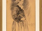 an old drawing of a woman in a dress holding a book