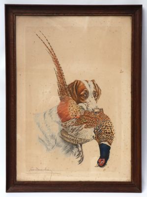 tableau représentant un chien tenant un faisan dans la gueule