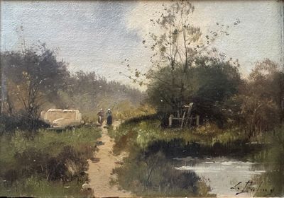 a painting of a man and a woman walking down a dirt road