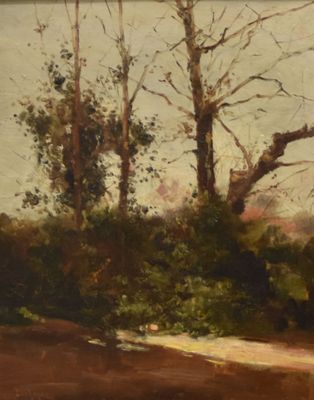 peinture représentant un paysage avec des arbres et une route au premier plan