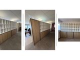 plusieurs photos d'une pièce contenant un bureau et des étagères