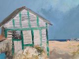 an oil painting of a house on a beach with a boat in the water