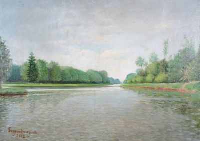 a painting of a body of water with trees in the background