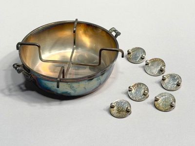 a metal bowl with coins in it on a white surface