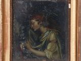 une peinture à l'huile représentant une femme tenant une fleur à la main
