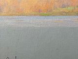 an oil painting of a boat on a body of water with trees in the background
