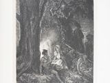 a black and white drawing of a man and a woman in the woods