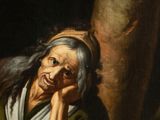 painting of an old woman leaning against a tree with her hand on her chin