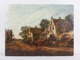 an image of a painting of a village scene with a horse drawn carriage