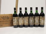 six bottles of wine are lined up in a row next to a wooden box