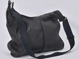 a black leather bag with a strap and a shoulder strap