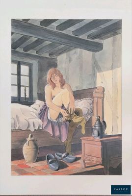 un tableau représentant une femme assise sur un lit, ses chaussures posées par terre