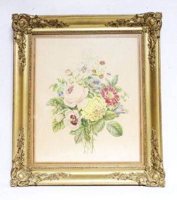 École XIXème. Bouquet fleuri. Aquarelle. - Photo 1