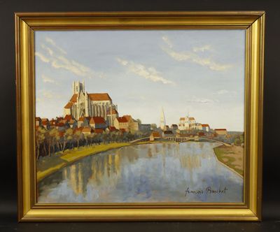 une peinture à l'huile représentant une rivière avec une église en arrière-plan