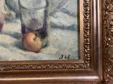 an oil painting of a still life with a pitcher and an apple