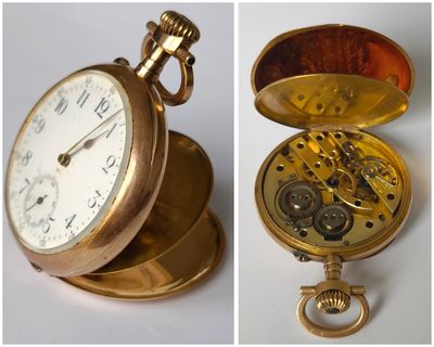 deux photos d'une montre de poche en or et d'une montre de poche en or