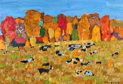 a painting of cows in a field with trees in the background