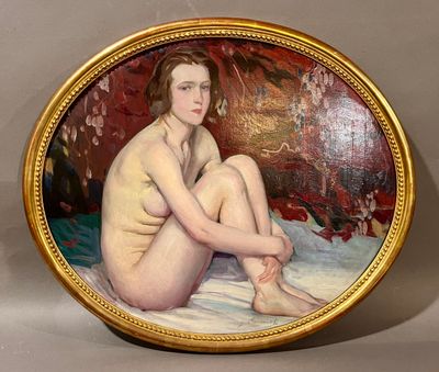 painting of a nude woman sitting on a bed in a gold frame