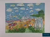 un tableau représentant une scène de plage avec des parasols et des voiliers